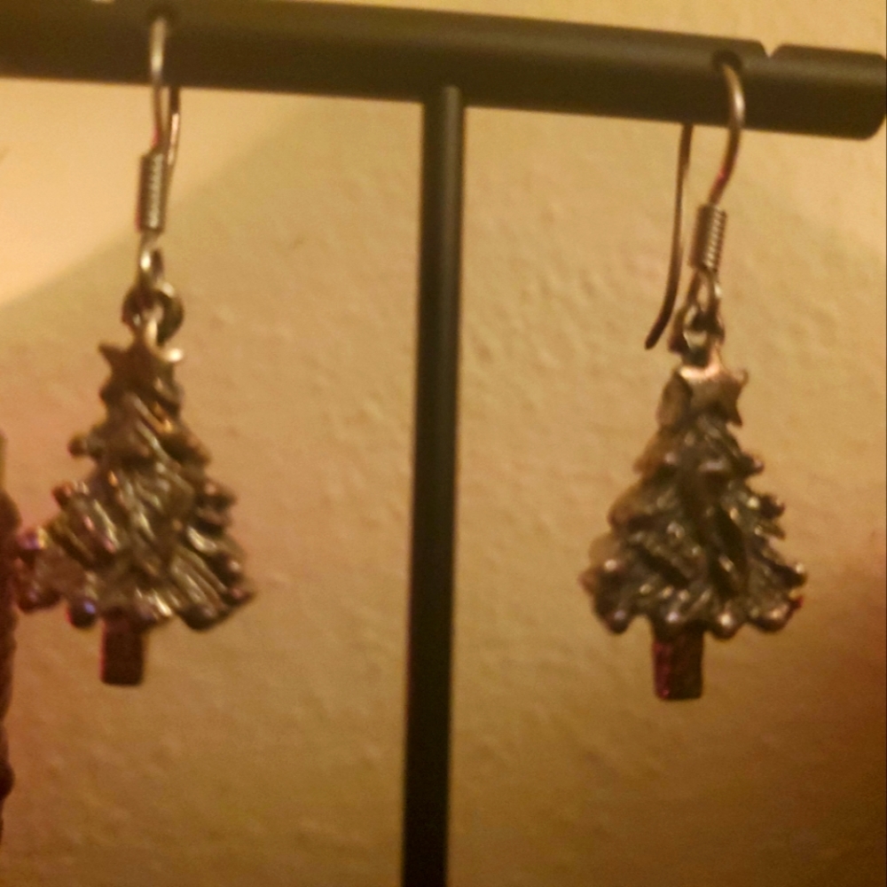 Christmas Tree sterling silver with light green wash earrings hook vintage